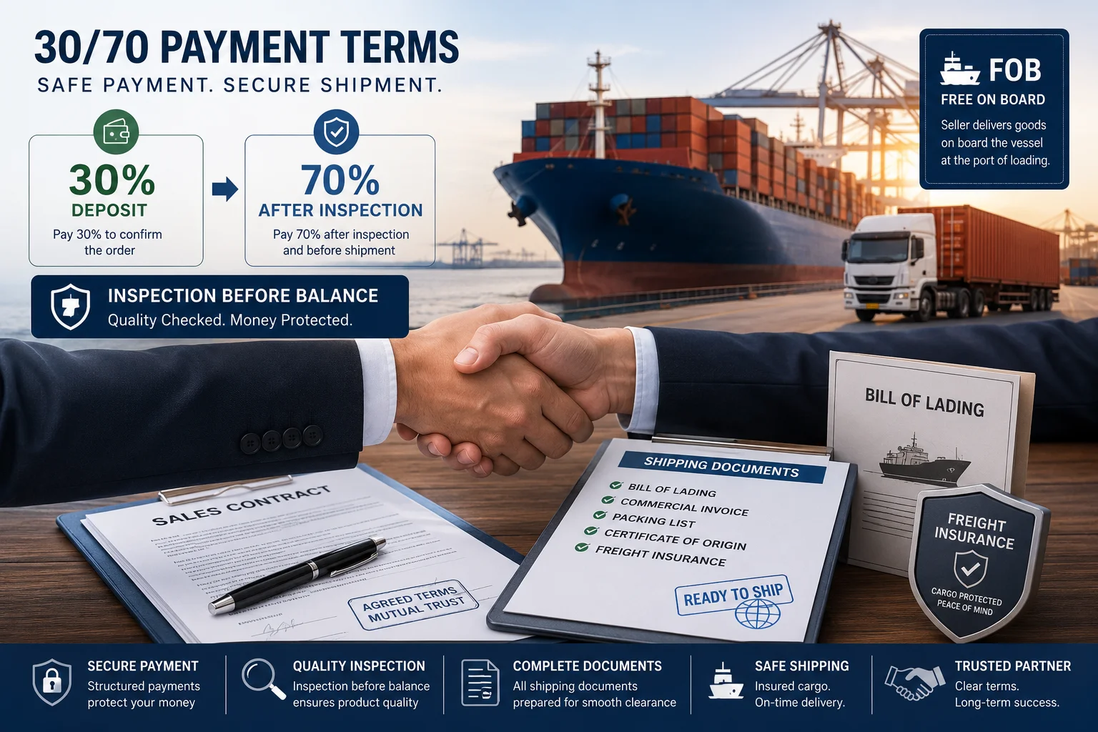 a handshake over a contract with shipping documents beside it