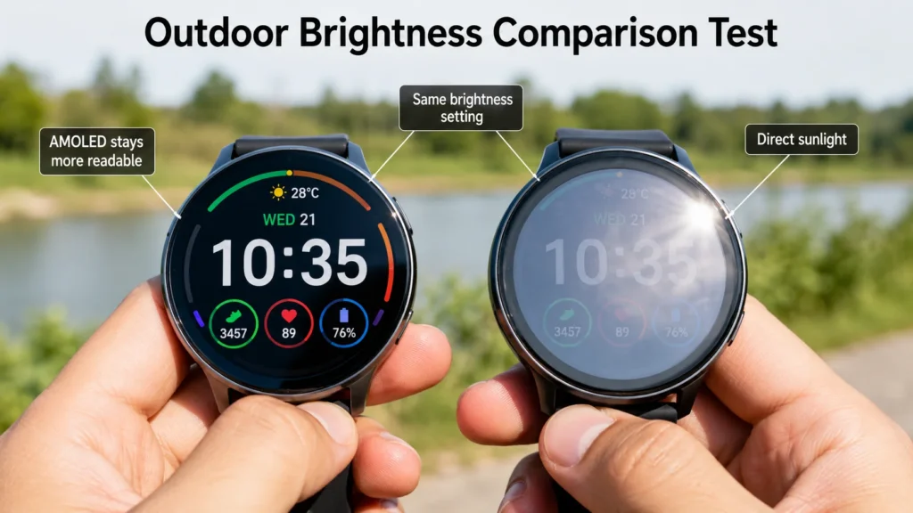 Two smartwatches compared outdoors under sunlight. AMOLED display remains readable while another screen appears washed out in direct sunlight.