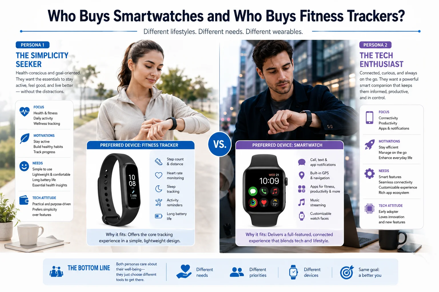 Two different customers, one using a fitness tracker, one a smartwatch