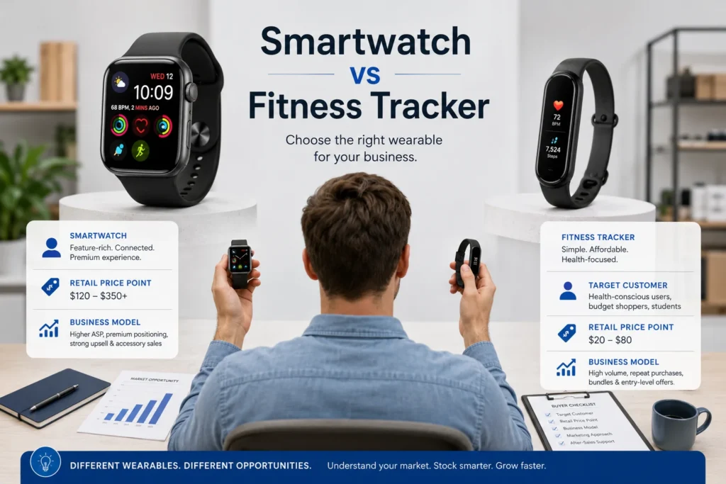A man comparing a smartwatch and a fitness tracker, both displayed on white pedestals, with detailed business insights such as price points and target demographics.