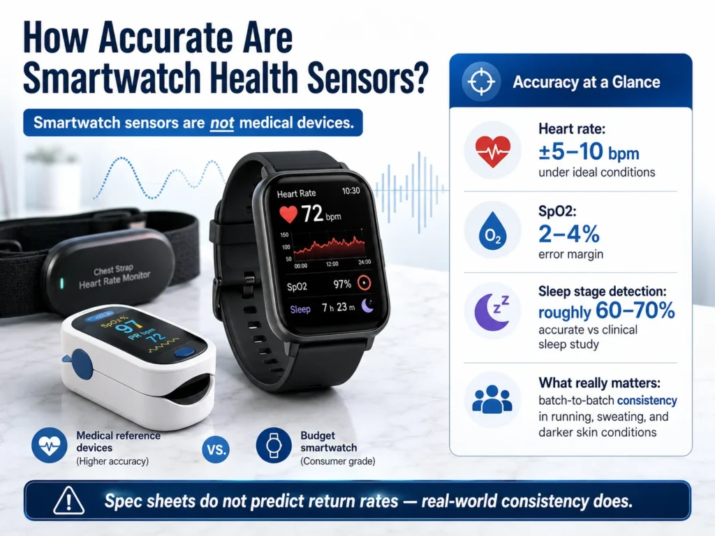 Graphic comparing smartwatch health sensors against medical-grade devices, showcasing metrics like heart rate, SpO2, and sleep tracking accuracy.