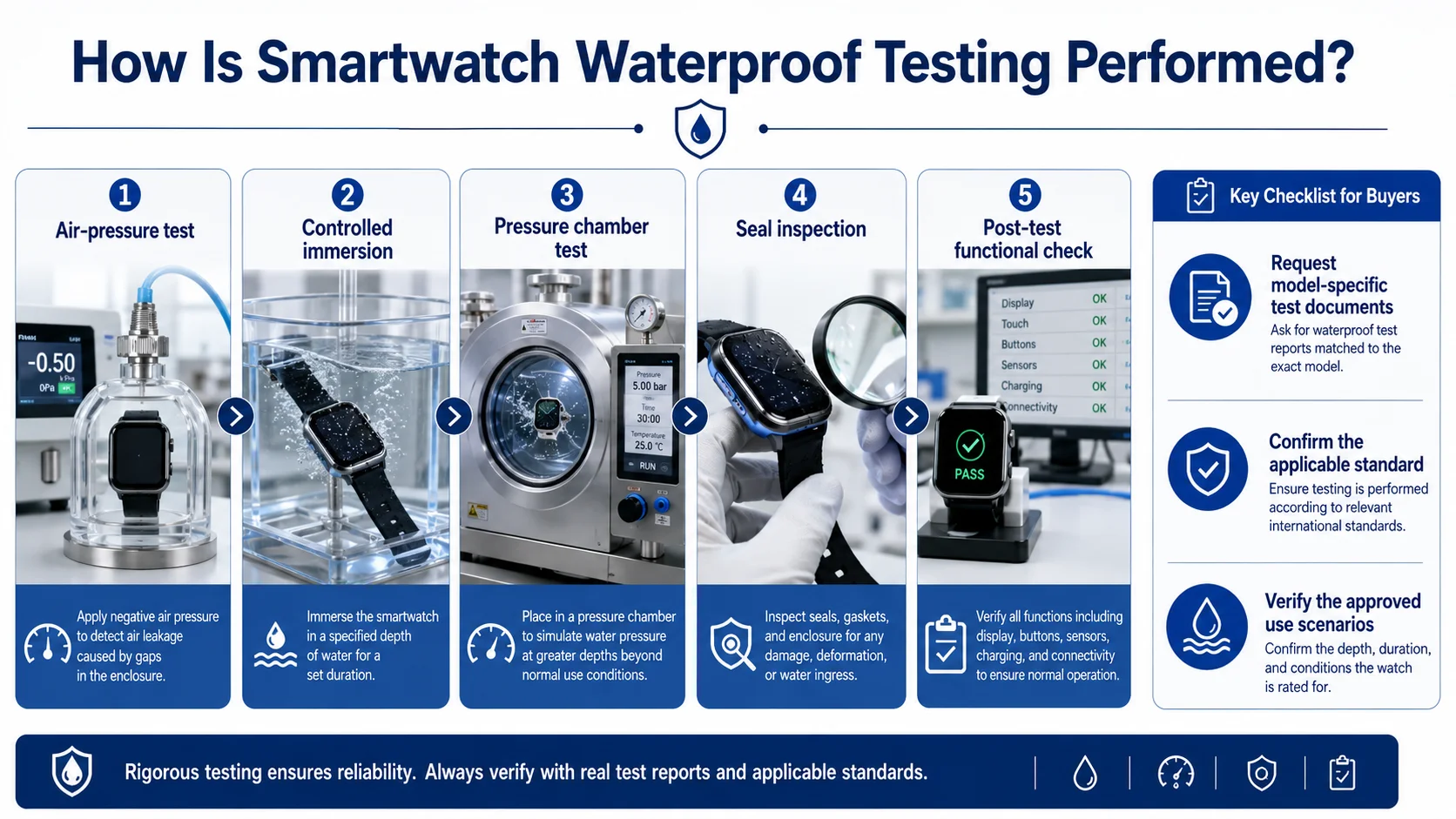 Smartwatch waterproof testing for IP68 vs 5ATM