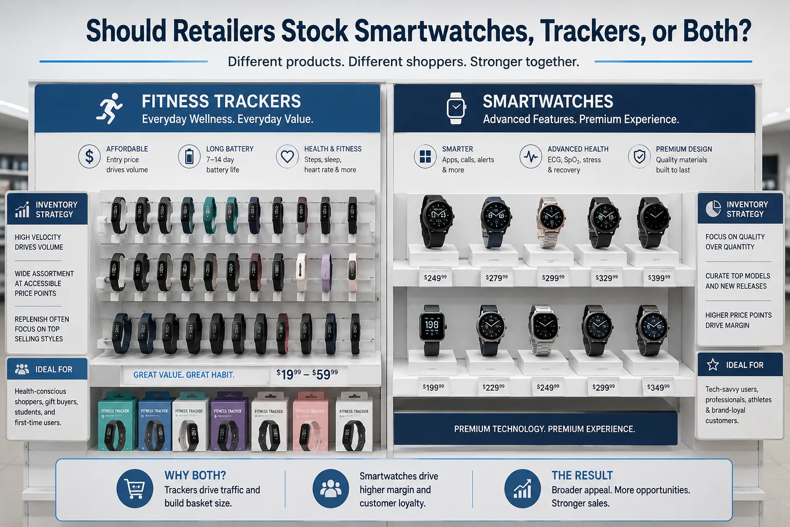 A retail shelf showing a clear separation between smartwatches and fitness trackers
