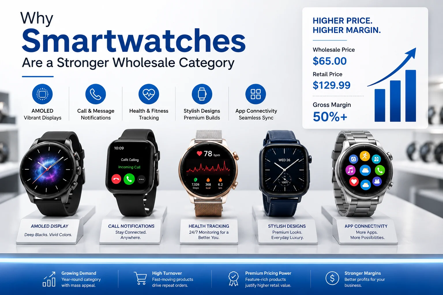 A display of various wholesale smartwatches with different features