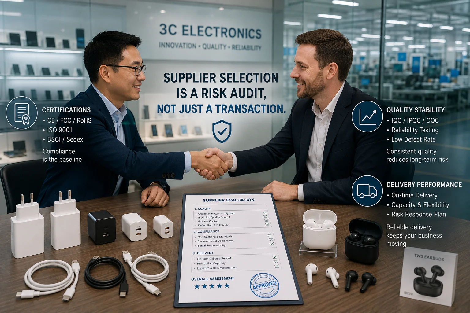 two businessmen shaking hands in front of an electronics factory