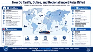 Infographic comparing import tariffs, duties, and rules across regions including the US, European Union, UK, and others, with details like tariff schedules, duty rates, VAT, and documentation requirements.