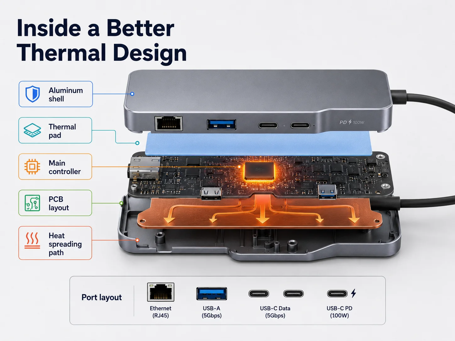 USB-C hub internal thermal design USB-C hub thermal pads PCB layout and cooling design