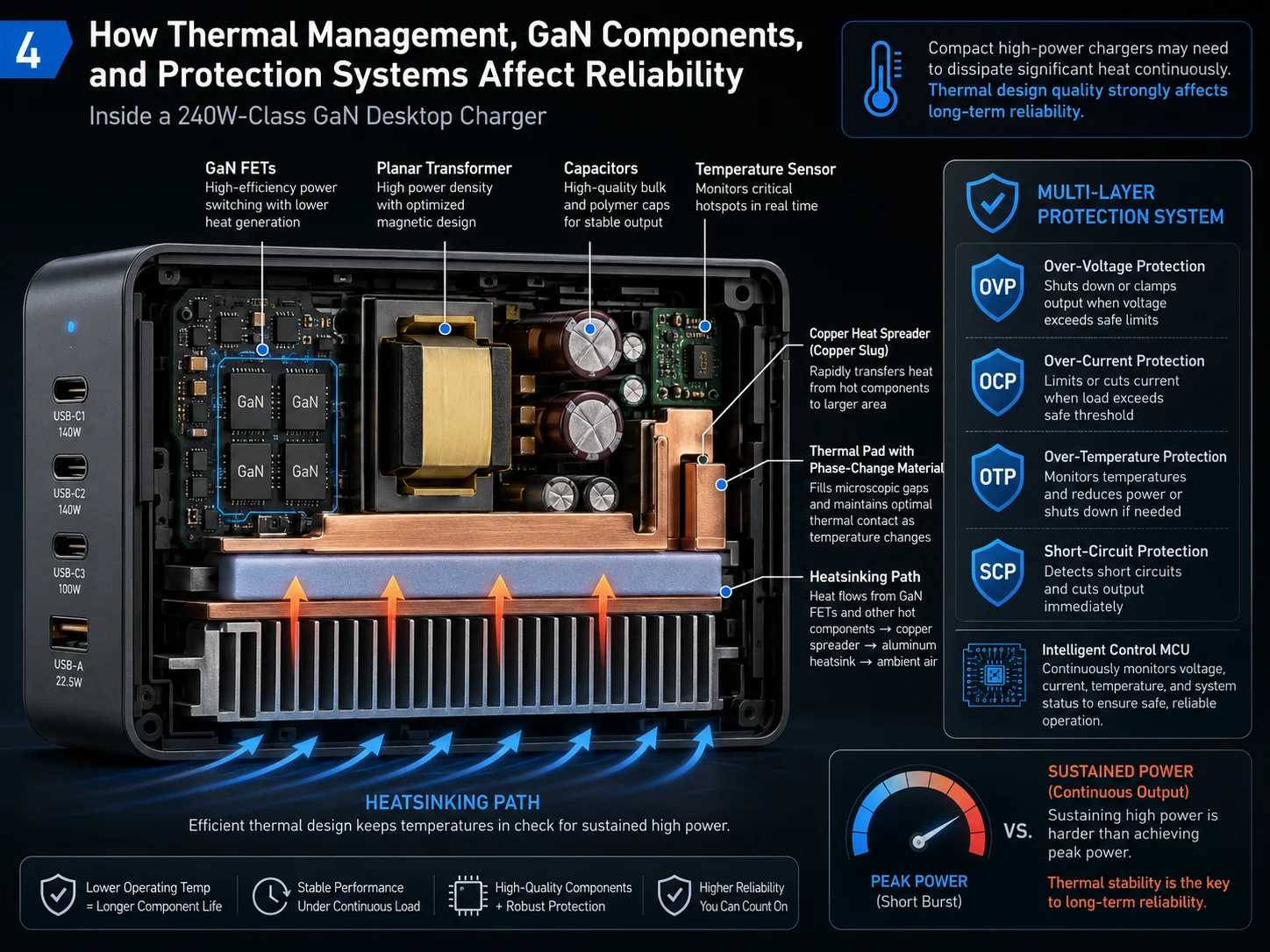 Inside view of a 240W GaN charger showing thermal design