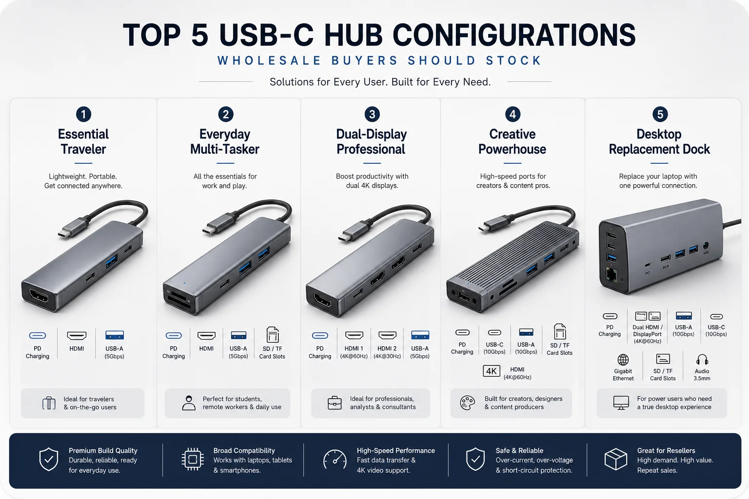 An assortment of five different USB-C hubs, each representing a different configuration.