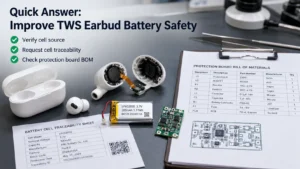 TWS earbuds disassembled with a focus on battery safety elements, including a protection board, BOM sheet, and traceability documentation.
