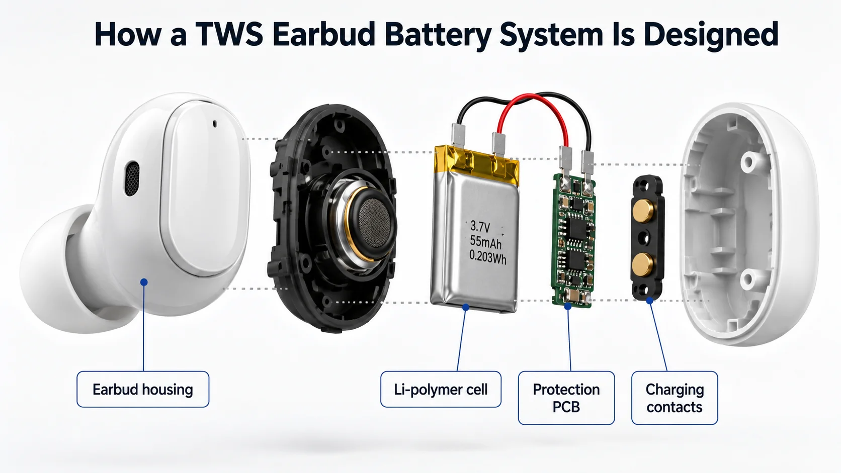 TWS earbud battery cell traceability label and protection board