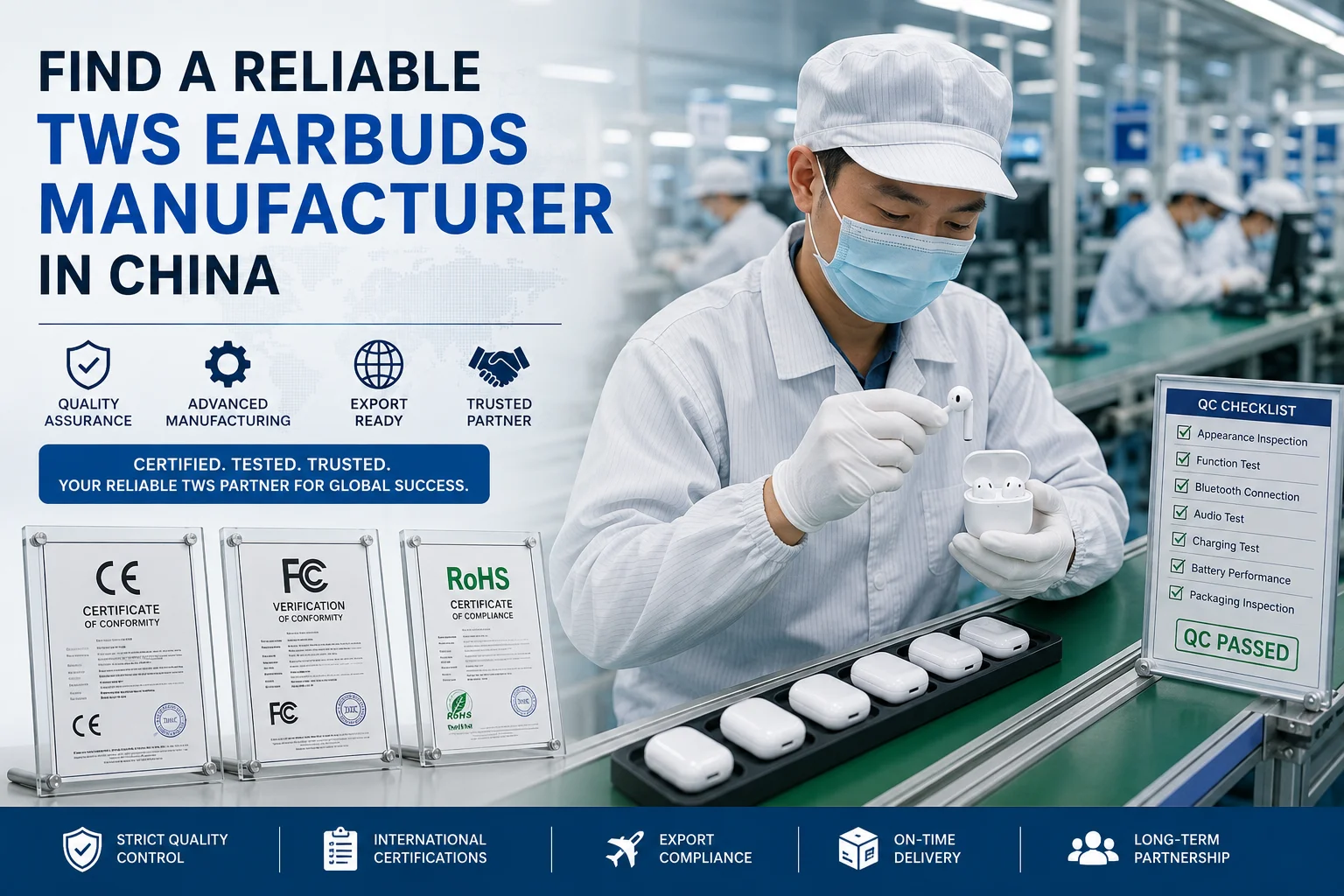 Reliable TWS Earbud Manufacturer China A factory worker inspecting a TWS earbud on a production line