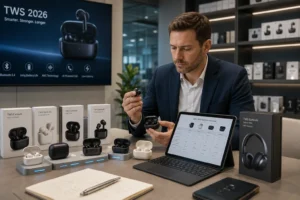 A professional man seated at a desk showcasing TWS earbuds, analyzing features with a tablet in a modern showroom with product packaging and a TWS display.