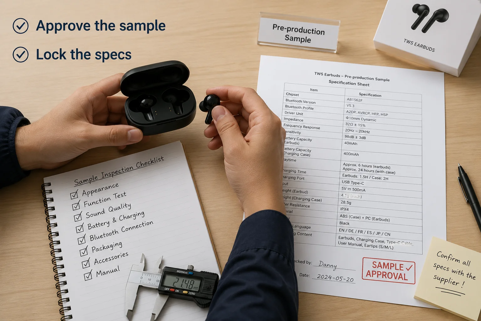 a person inspecting a TWS earbud with a checklist beside it