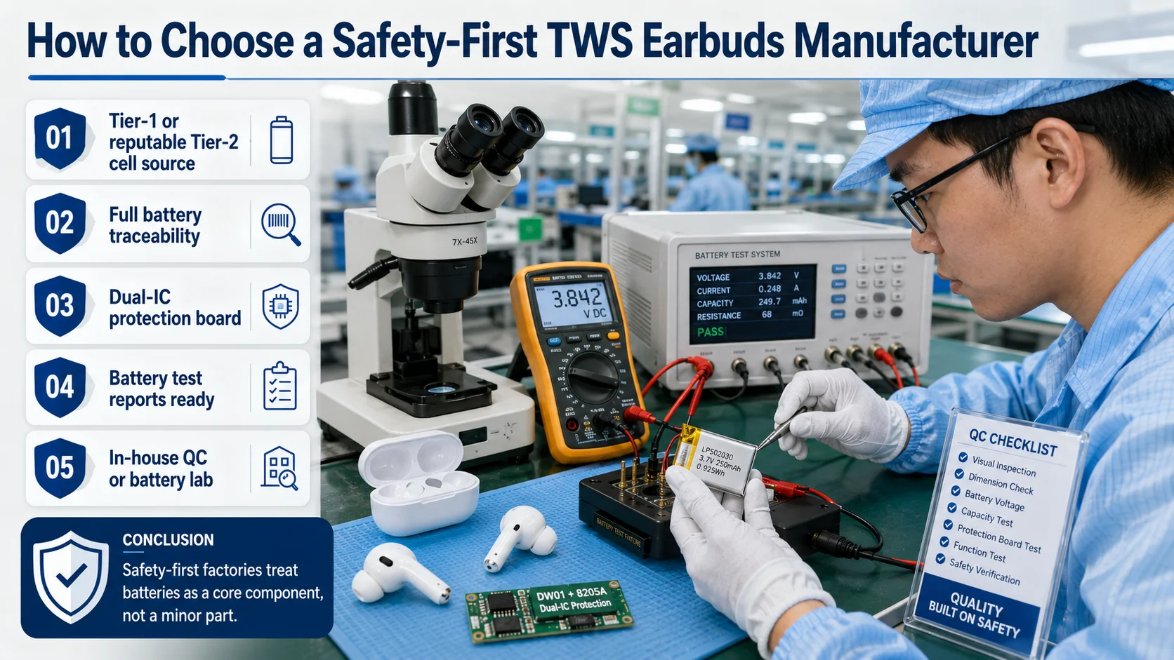 TWS earbuds factory quality control battery inspection station