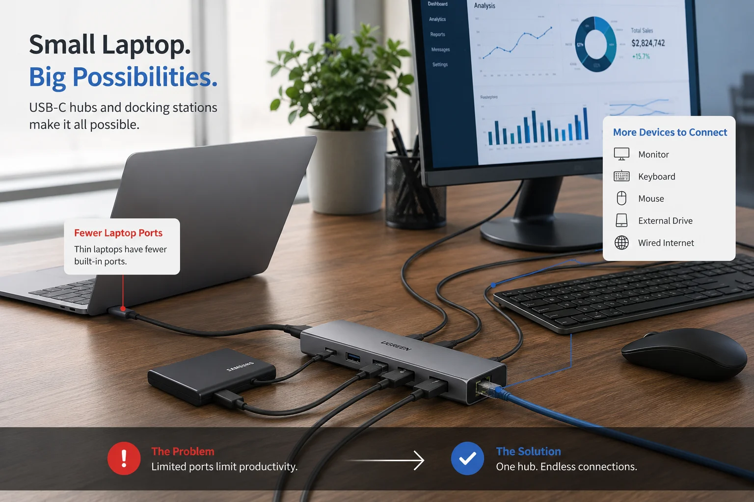 A person plugging a USB-C hub into a modern, thin laptop.