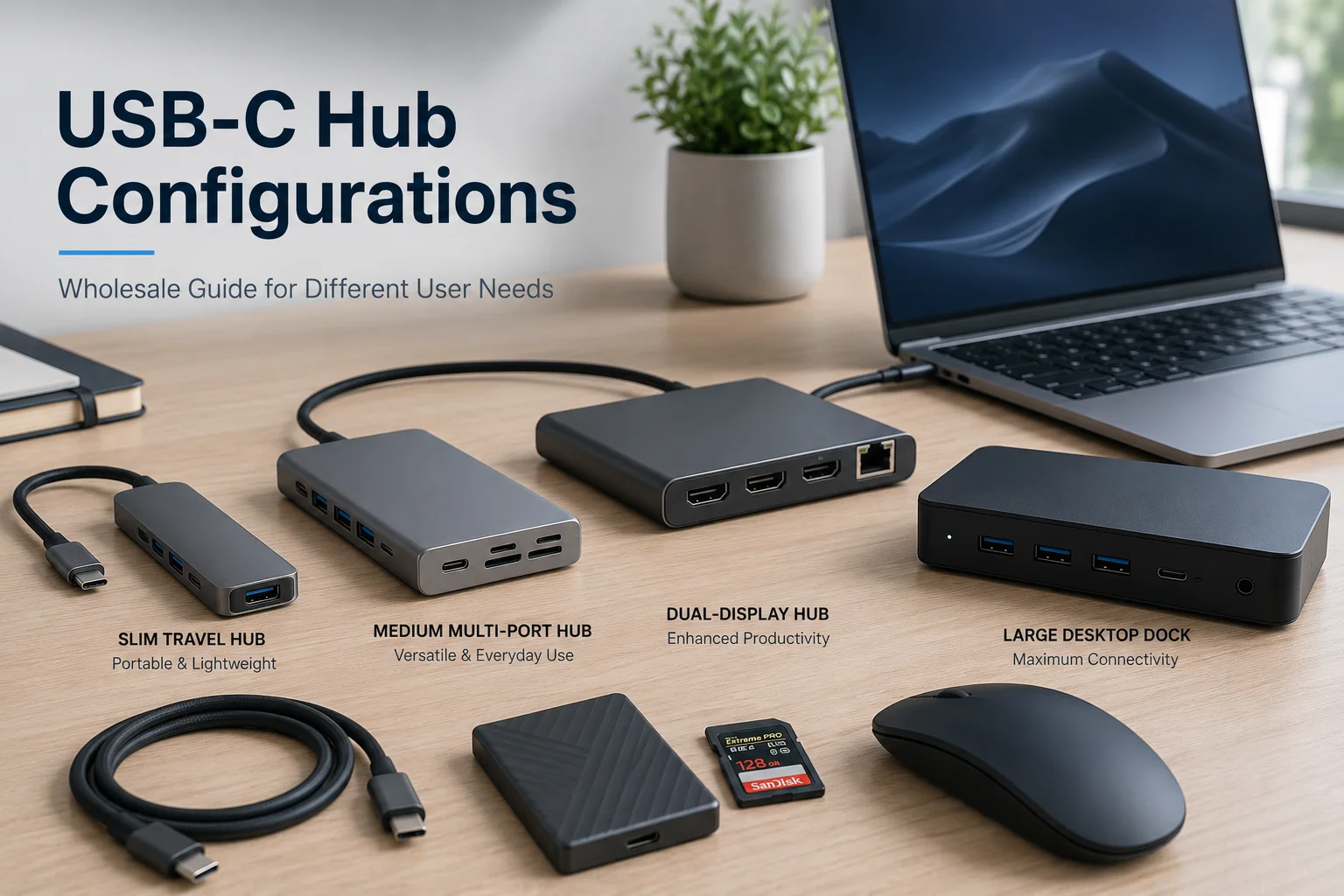 A collection of different USB-C hubs on a desk.