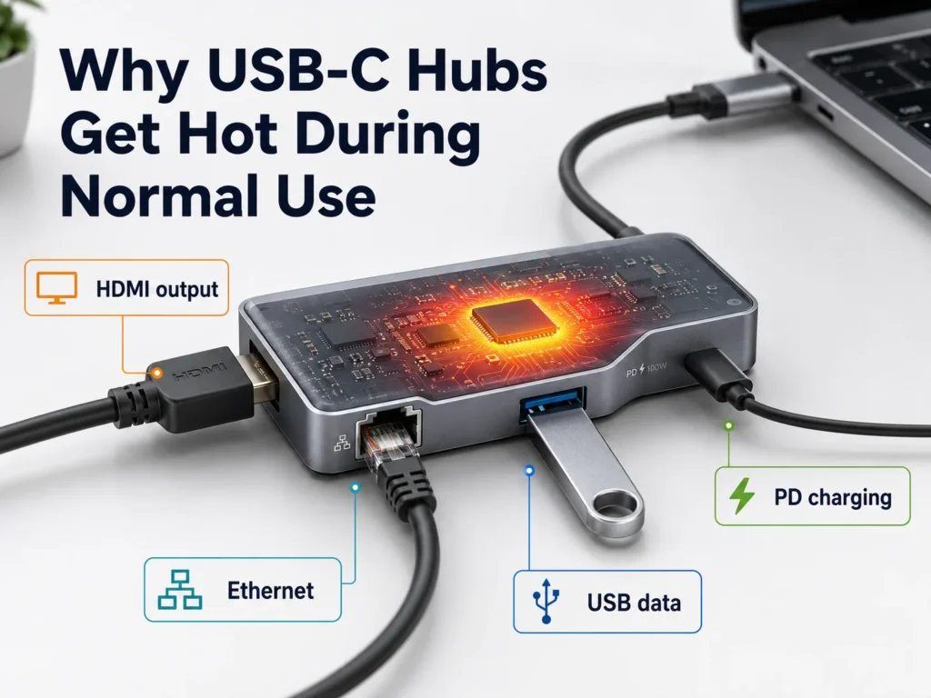 A USB-C hub connected to multiple devices including HDMI, Ethernet, USB storage, and PD charging, with a visual highlighting internal heat generation.