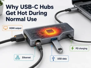 A USB-C hub connected to multiple devices including HDMI, Ethernet, USB storage, and PD charging, with a visual highlighting internal heat generation.