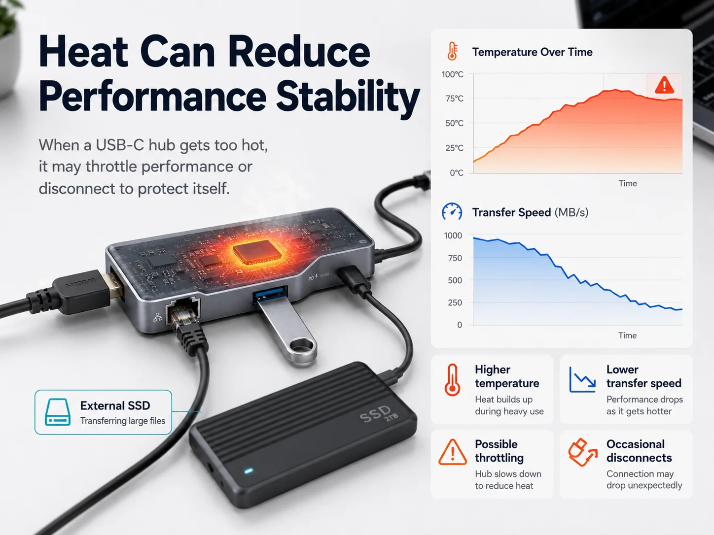 USB-C hub heat and performance stability USB-C hub thermal throttling and reduced data transfer speed