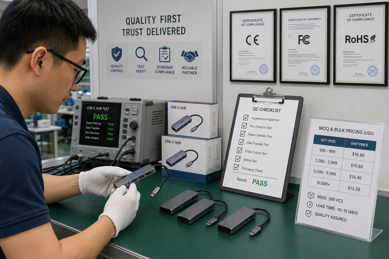 A factory worker inspecting a USB-C hub on a production line.