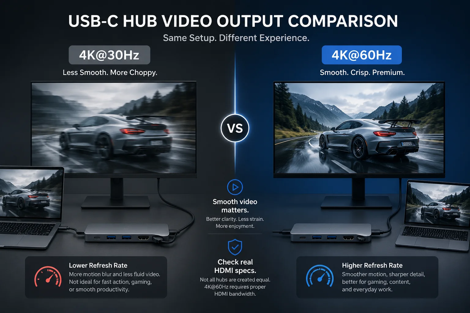 A side-by-side comparison of a 30Hz display and a smooth 60Hz display.