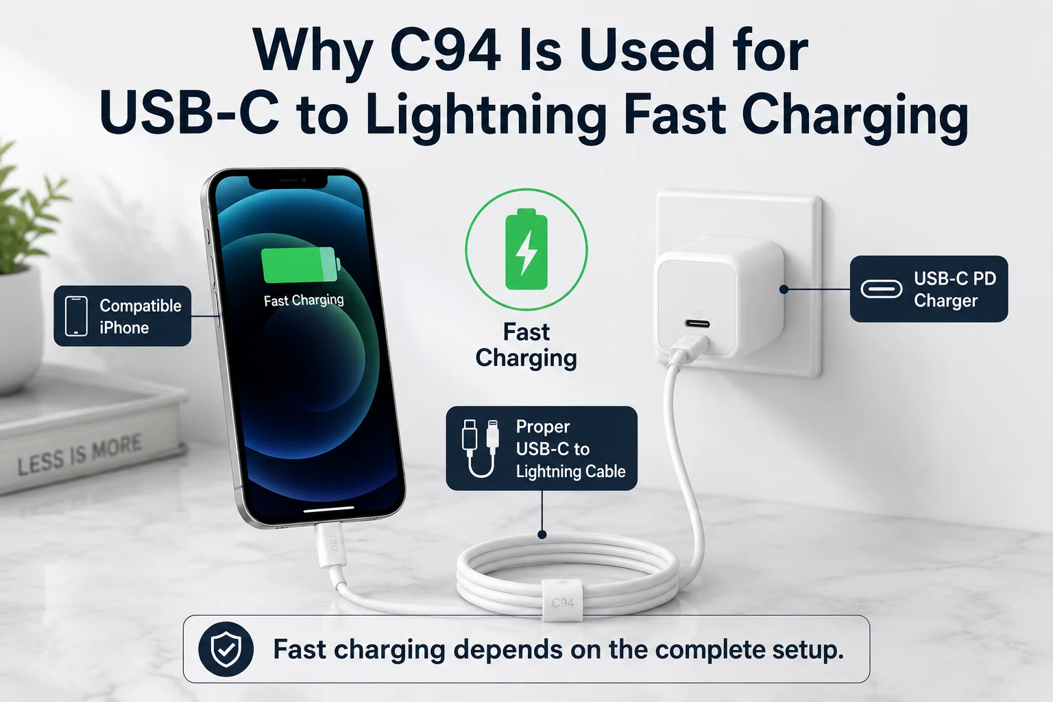 MFi C94 Lightning cable connected to USB-C PD charger for iPhone fast charging