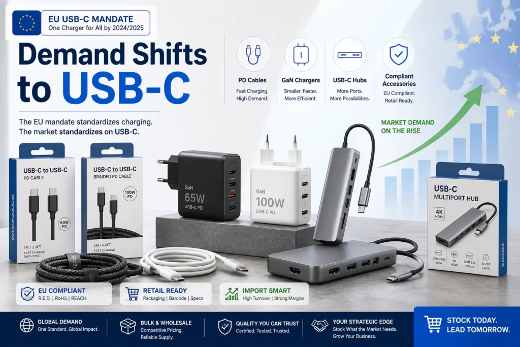 Promotional layout showcasing USB-C accessories including USB-C cables, GaN chargers, and multiport hubs alongside EU compliance details and rising market demand graph.