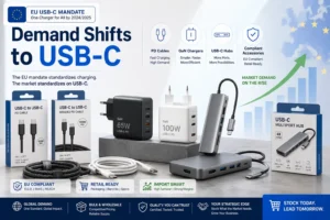 Promotional layout showcasing USB-C accessories including USB-C cables, GaN chargers, and multiport hubs alongside EU compliance details and rising market demand graph.