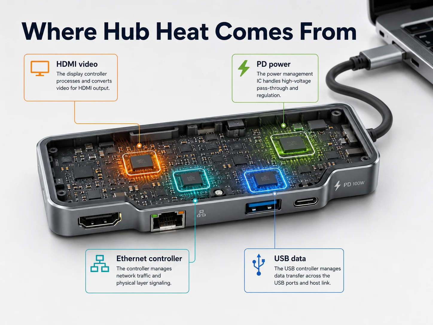 Multiport USB-C hub heat sources USB-C hub heat from HDMI Ethernet PD pass through and data transfer