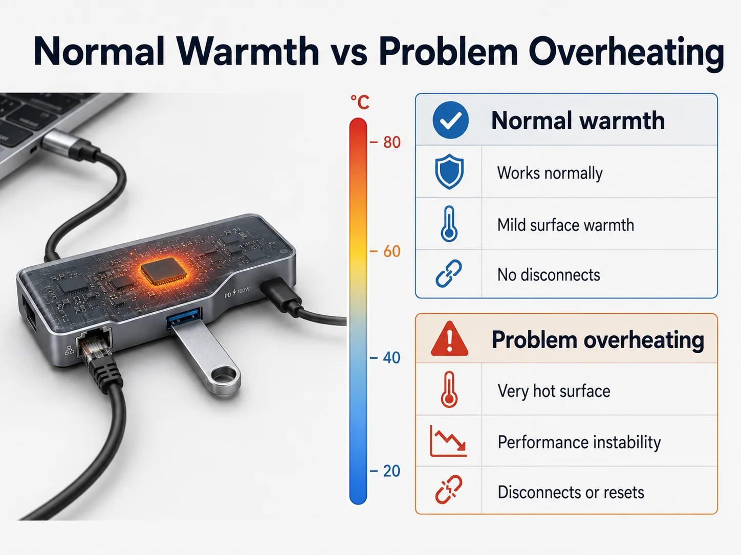 USB-C hub overheating warning signs USB-C hub normal warmth vs problematic overheating comparison