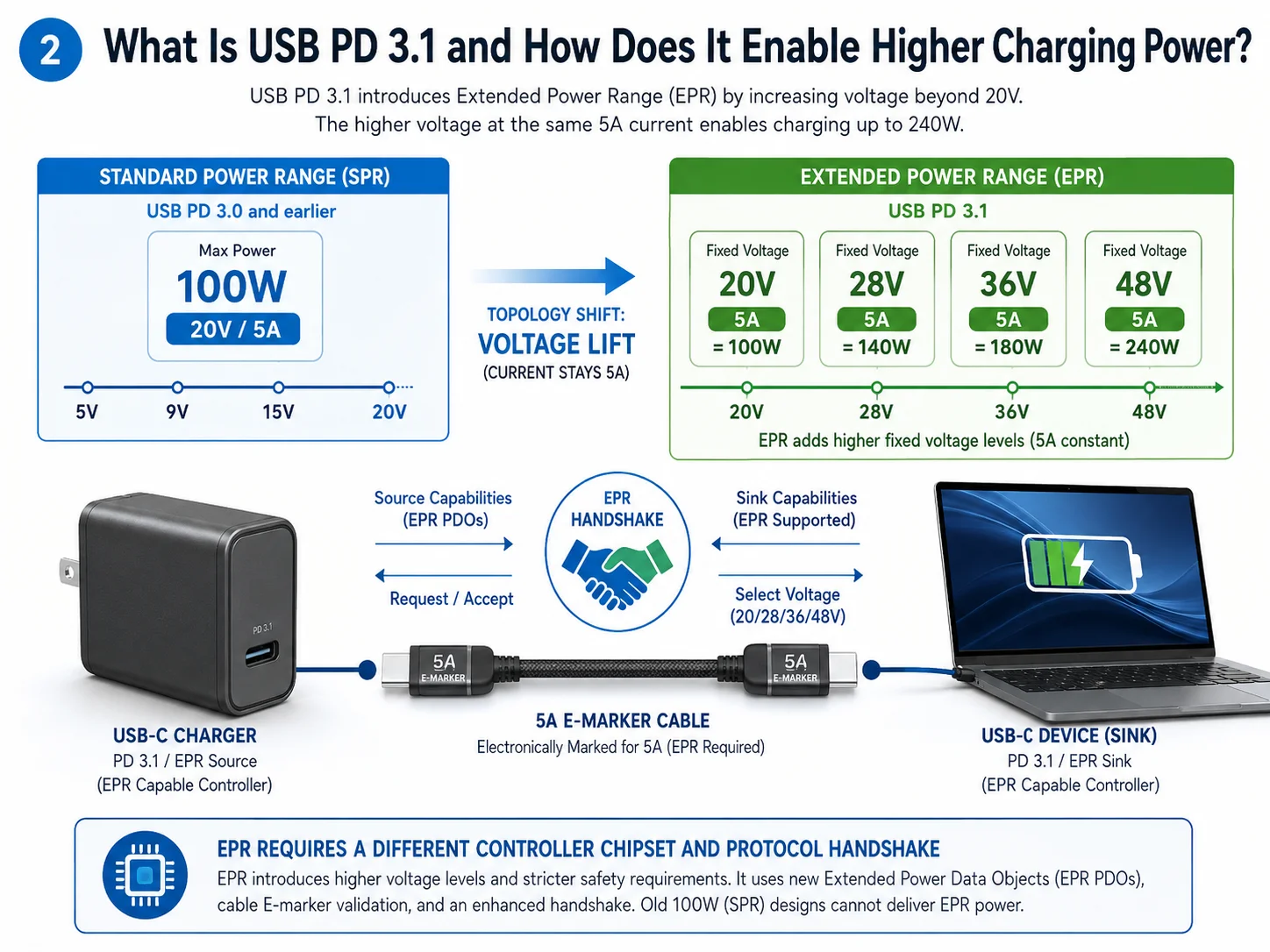 USB PD 3.1 EPR voltage and power level diagram