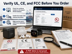 Educational setup showing steps for verifying UL, CE, and FCC certifications with examples of certificates, gadgets, and a laptop screen displaying the UL database.