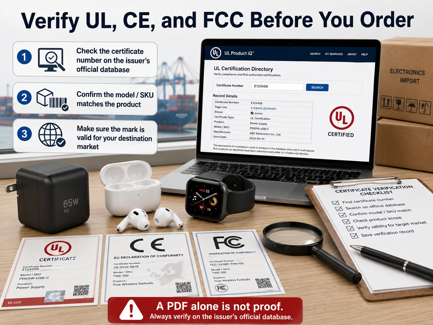 UL CE FCC certifications verification for electronics importers