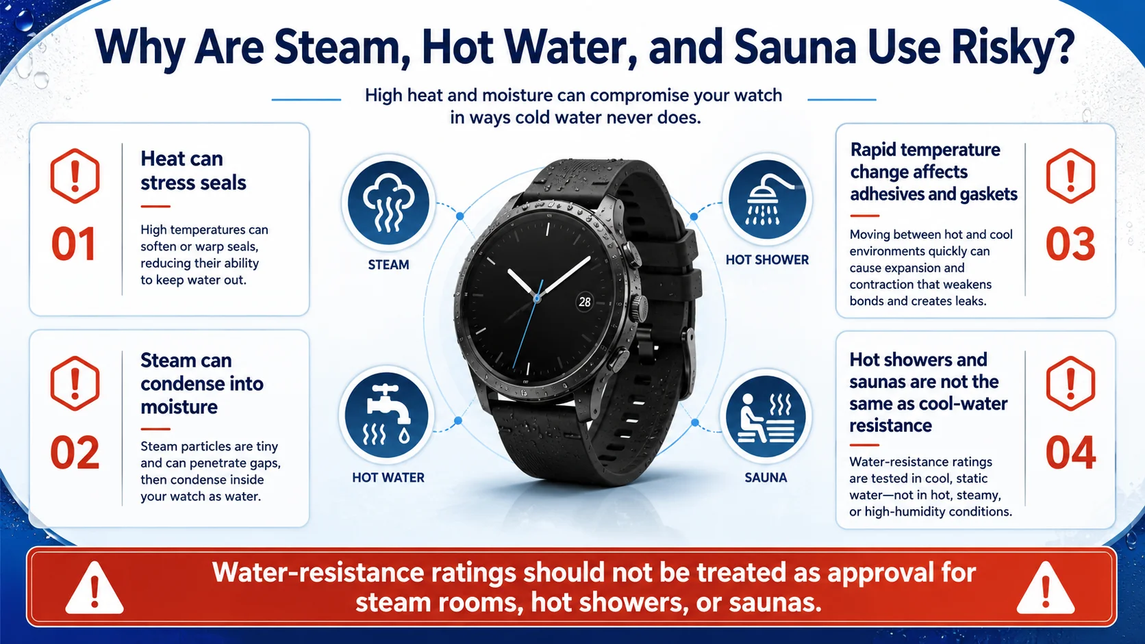 Smartwatch water resistance risks from steam and hot water
