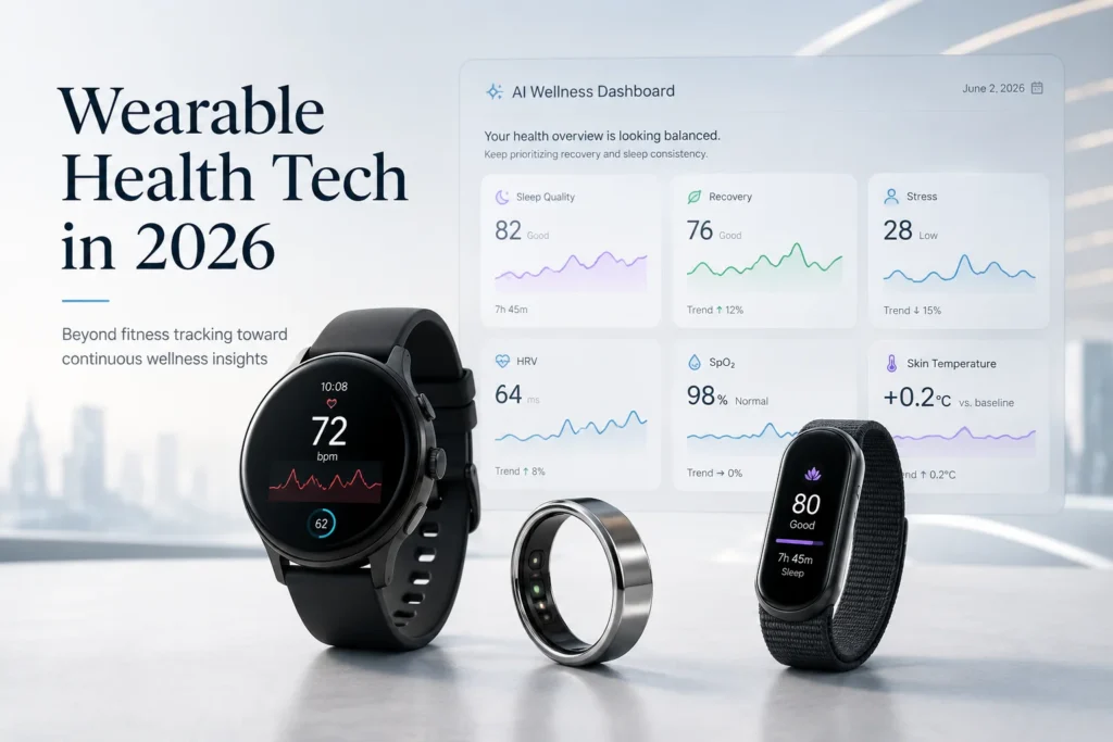 A smartwatch, a smart ring, and a wearable tracker displayed alongside an AI wellness dashboard featuring health metrics like heart rate, sleep quality, and recovery.