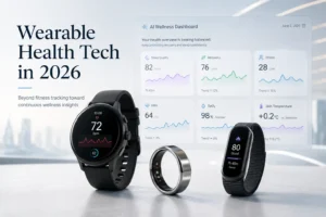 A smartwatch, a smart ring, and a wearable tracker displayed alongside an AI wellness dashboard featuring health metrics like heart rate, sleep quality, and recovery.