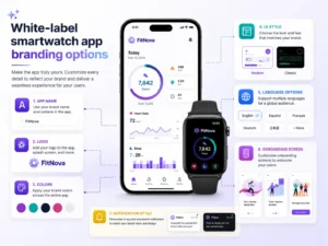White-label smartwatch app interface customization options with phone and watch displays, featuring branding features like logo, colors, and onboarding screens.