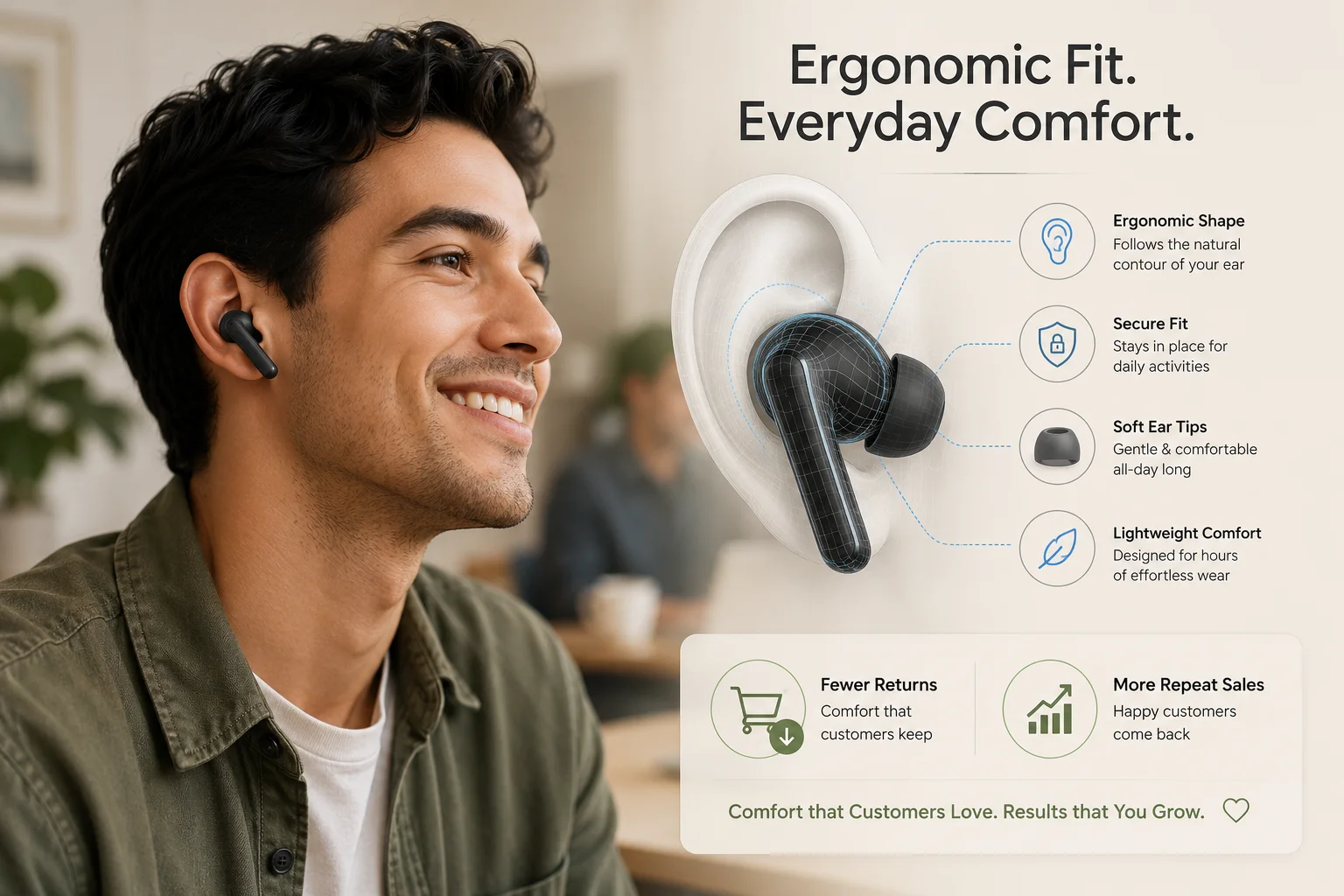 Comfortable Ergonomic TWS Earbuds A person smiling and wearing comfortable, well-fitting TWS earbuds
