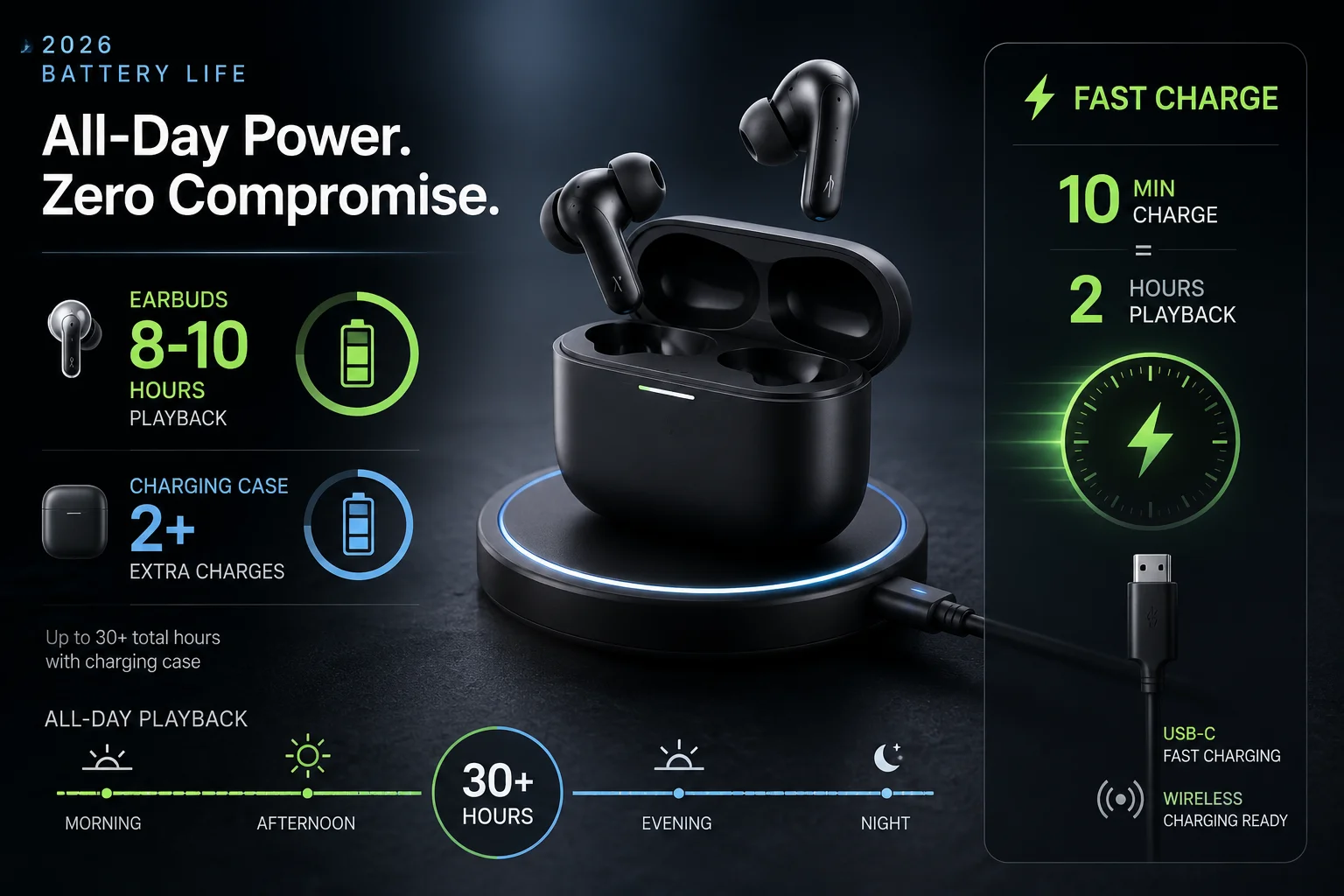 Fast Charging TWS Earbuds TWS earbud on a charging pad demonstrating fast charging