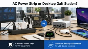 Side-by-side comparison of an AC power strip with plugs for office devices and a desktop GaN station with multiple USB ports charging devices.