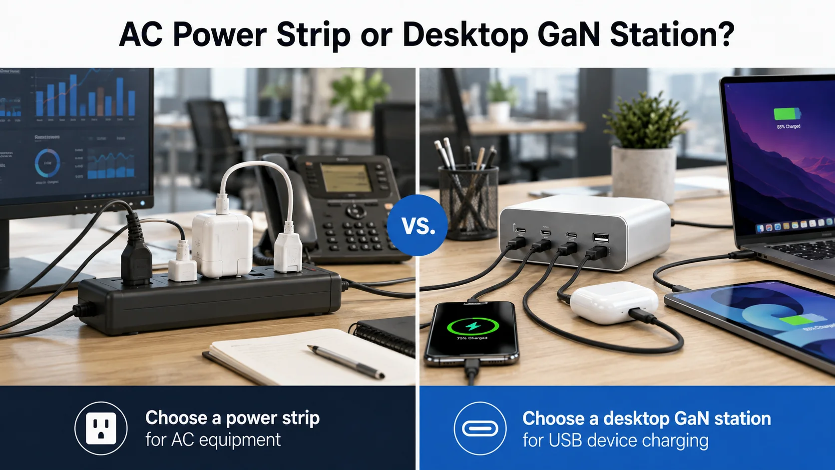 office desktop charging station with USB-C ports compared with AC power strip