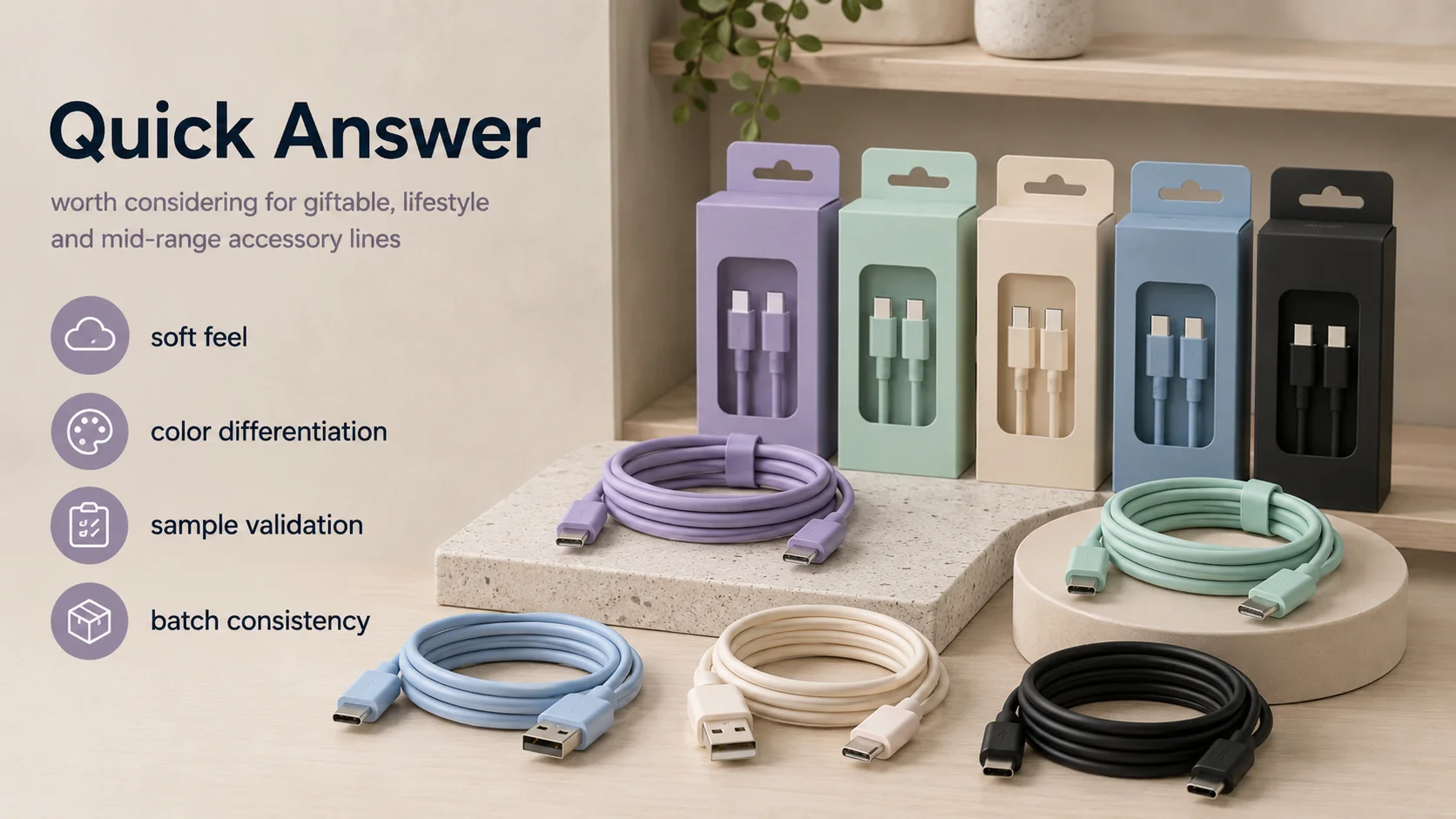 Retail Liquid Silicone USB Cables Liquid silicone USB cables displayed as colorful retail charging accessories