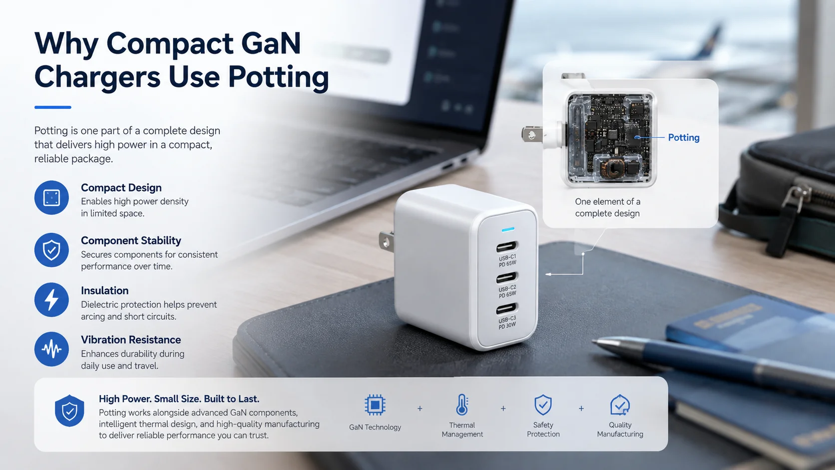 Compact GaN charger internal design Compact GaN charger potting technology for internal component stability