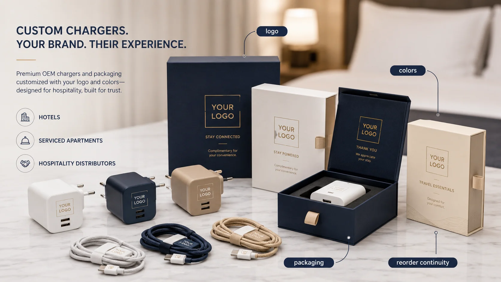 Custom branded OEM hotel chargers OEM hotel charging solutions with custom logo and branded packaging