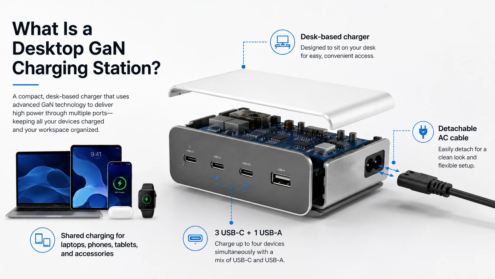 multi-port desktop GaN charger with USB-C ports for shared office desks