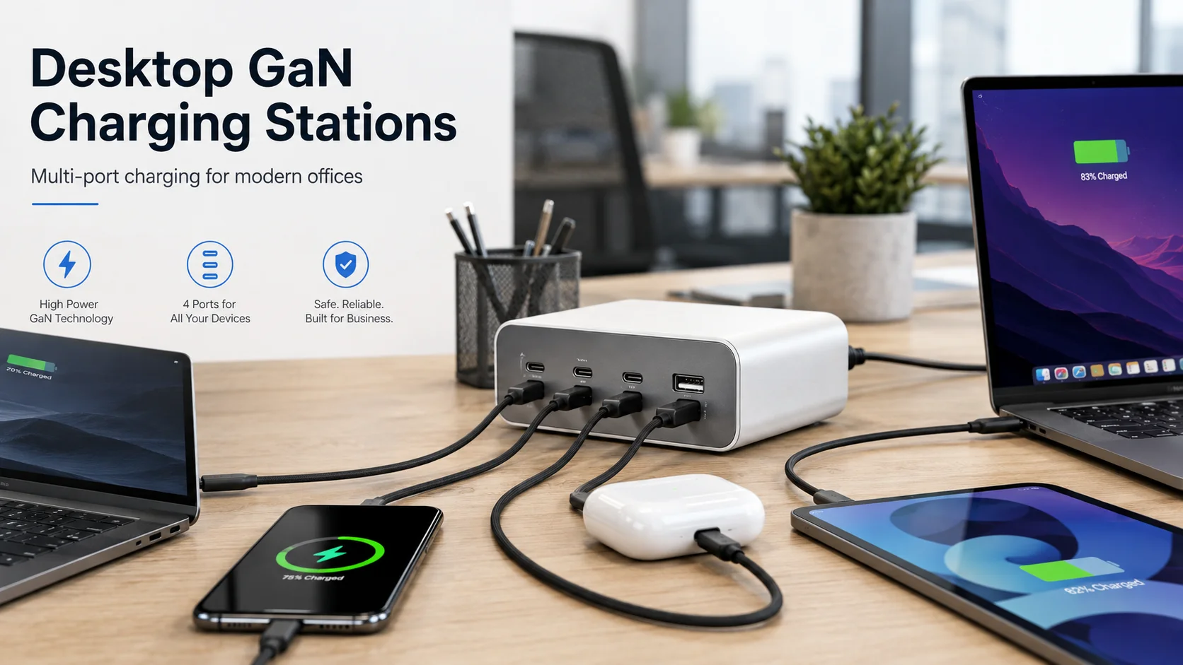 desktop GaN charging station for office laptop and phone charging