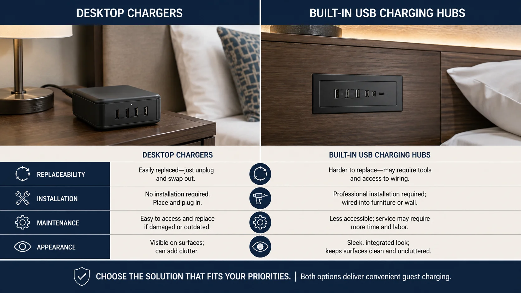 Desktop chargers versus hotel USB charging hubs Hotel charging solutions comparing desktop chargers and built-in USB hubs