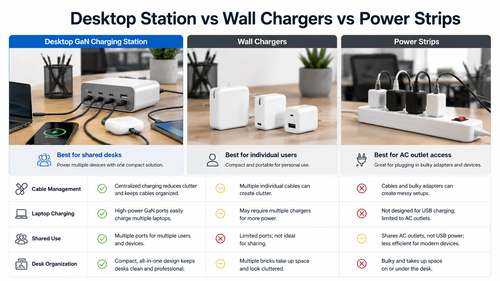 desktop GaN charging station compared with wall charger and office power strip