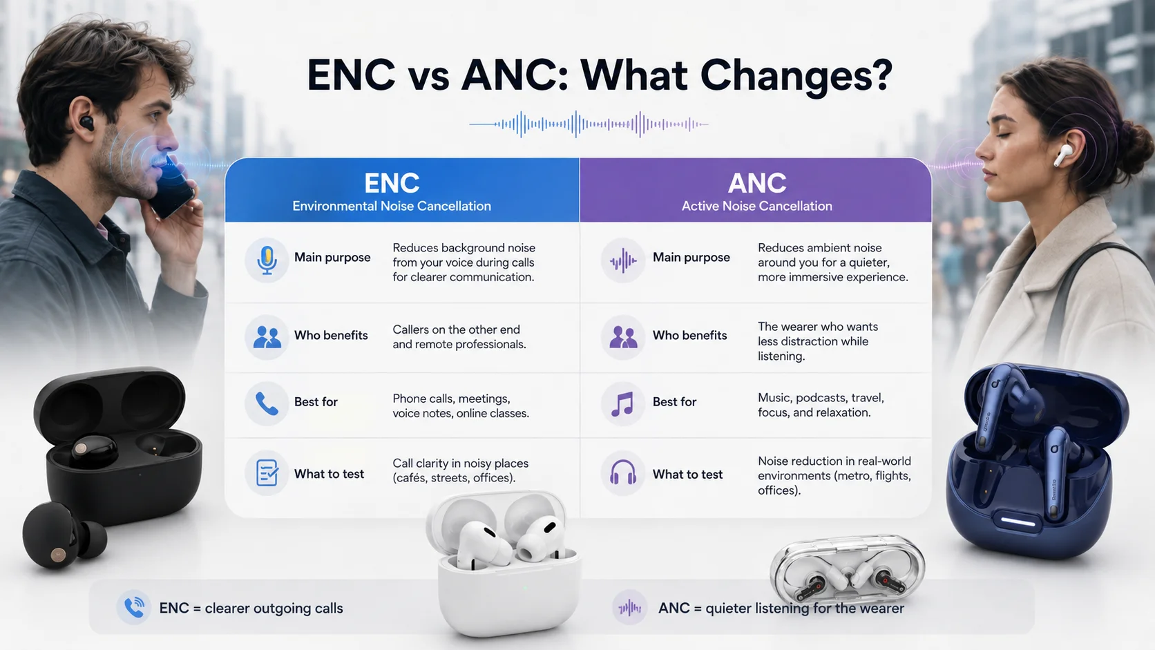 ENC vs ANC in TWS earbuds comparison chart for wholesale sourcing